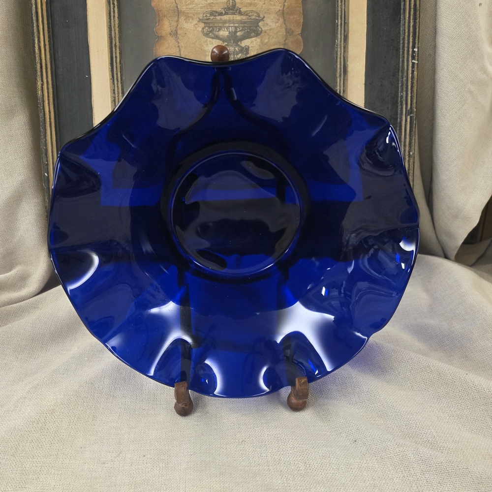 Vintage Large Cobalt Blue Glass Ruffled Rim Top with Four Bottom Legs Bowl.